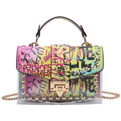 China Wholesale fashion snake print ladies rivet transparent shoulder bag graffiti jelly bag PVC handbag bolsos handbags for sale