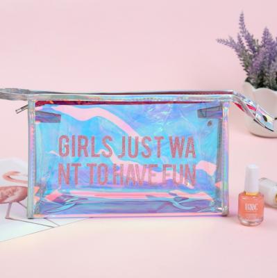 China Wholesale custom clear cheap cosmetic pouch bag PVC zipper fashion women holographic letters print cosmetic bag for sale