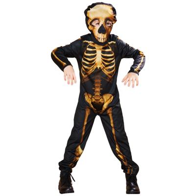 China Polyester Carnival Costume For Kids Creepy Overalls Skull Hood Halloween Costumes Yellow Skeleton Volume for sale