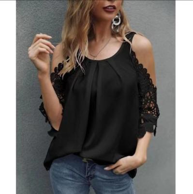 China 2021 Summer New Arrival Chiffon QUICK DRY Lace Hollow Out Sleeve Drop Shoulder T-shirts Women for sale