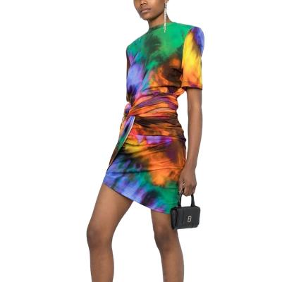 China ANSZKTN QUICK DRY woman clothes 2021 fashion tie dye casual short sleeve crop top two piece skirt set with shoulder pads for sale