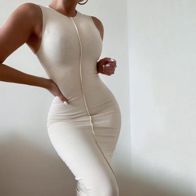 China Women Breathable Summer Crew Neck Bodycon Dress Elegant Sheer Knitting Slim Mujer Long Sleeveless Simple Stretch Dress Women for sale