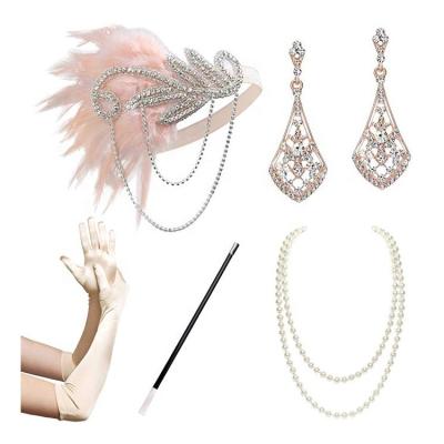 China Sets Sets Bestdance 1920s Feather Flapper Headband For Gatsby Dress Party Hair Accessories Sets Cigarette Holder Pearl Necklace for sale