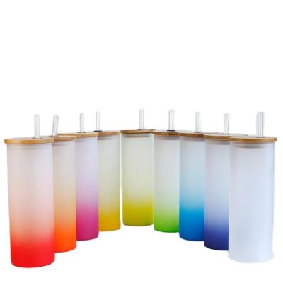 China Item Viable Color Blanks 18oz Sublimation DIY Glass Mug Frosted Gradient Drinking Water Tumbler Mug Bamboo Straight Glass Lid for sale