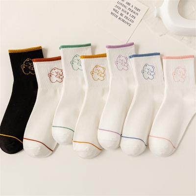 China Wholesale Fashion Cartoon Bear Logo White Sports Crew Socks Breathable Soft Custom Women QUICK DRY for sale