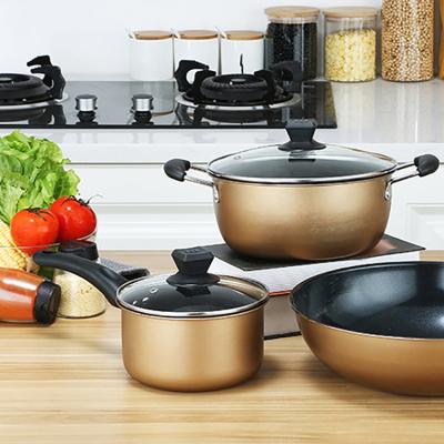 China 2022 Viable New Wholesale Cookware Set Stainless Steel Pan Three Piece Golden Nonstick Pan Set for sale