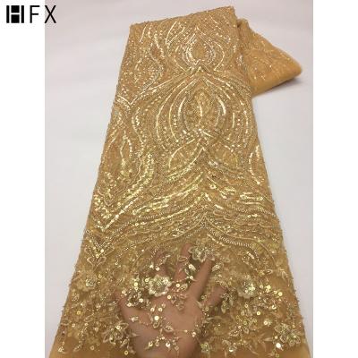 China HFX Latest Viable Handmade Beads Tulle Lace 2022 French African Embroidery Lace Fabric For Dress Dress for sale