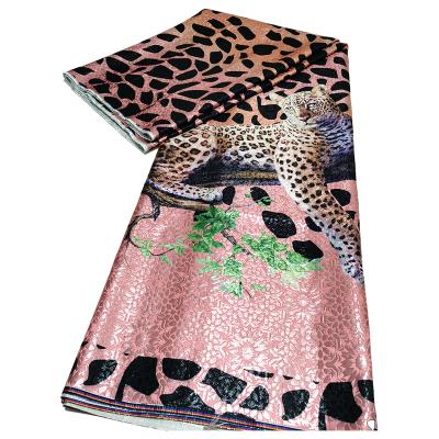 China HFX viable hot sale printed african leopard 5 yards print polyester jacquard brocade lace up fabric for fashion show for sale