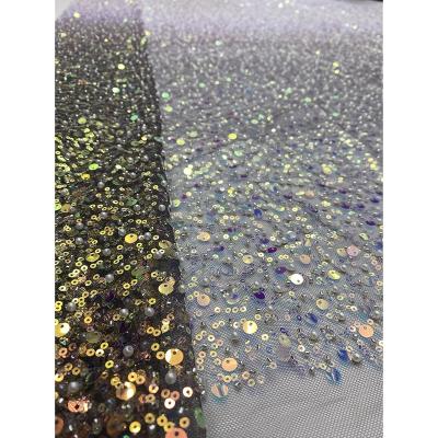 China HFX Viable Wholesale Luxury Handmade Sequins Beads Silver Beaded Polyester Tulle Lace Fabric For Fashion Show for sale