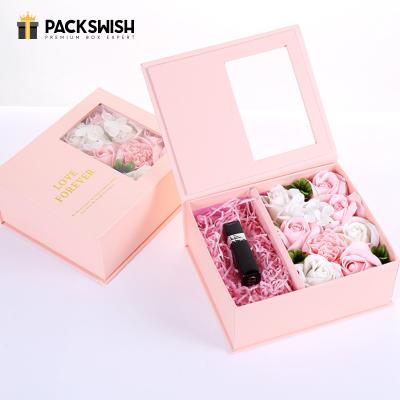 China Valentine's Day Handmade Skin Care Jewelry Lip Gloss Lipstick Gift Flower Box Eternal Flower Cosmetic Packaging Transparent Gift Box for sale