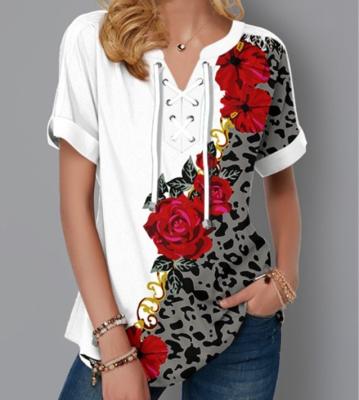 China Sustainable Women Apparel Short Sleeve T Shirts Fashions Flower Print Tops for sale