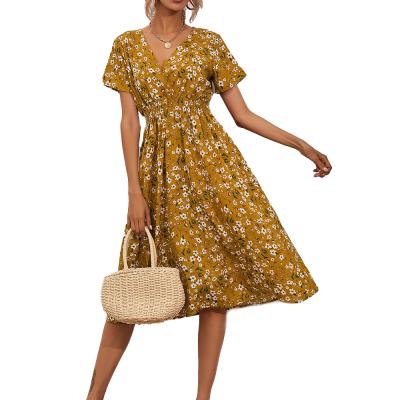 China 2021 Summer Fashion Casual Vintage Floral Print Breathable Elegant Women Dress V Neckline Shorts Sheath A Line Beach Chiffon Midi Dresses for sale