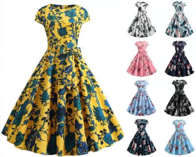 China 2021 Anti-Static Short Sleeve Women Swing Skirt Cocktail Dresses Hepburn Style Lace-Up Dress With New Print Casual Elegant Retro Ladies Big for sale