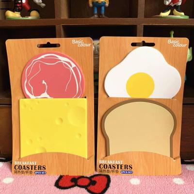 China Heat& Water Proof Toast Bread Poached Egg Cheese Ham Silicone Tabletop Tea Coffee Cup Creative Cute Coaster for sale