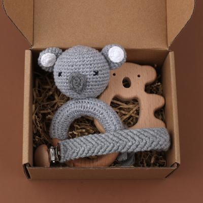 China Soft Toy Baby Gift Sets Wooden Ratchet Teether/100% Organic Cotton Handmade Crochet Teether/Koala Toys Teether for sale