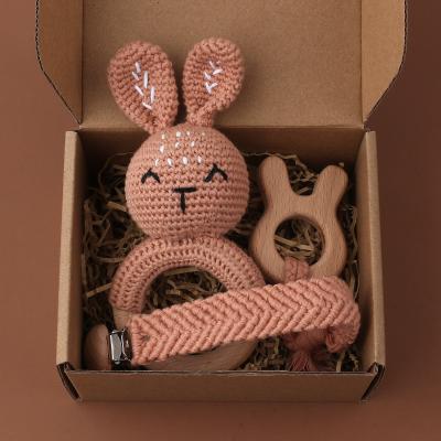 China Soft Handmade Dummy Clip Chain Bunny Teether Sets Baby Wooden Teether Crochet Toy NewbornBaby Gift Set Teether for sale