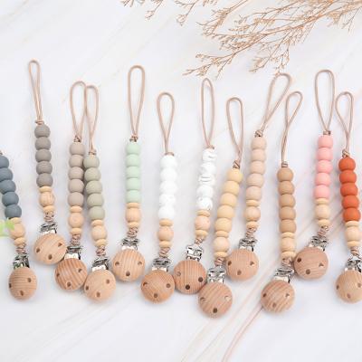 China Wholesale BPA Free Baby Teething Pacifier Clip Silicone Beads Baby Colorful Custom Silicone Beads Wooden Baby Dummy Pacifier Clip Clip for sale