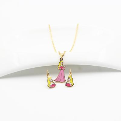 China Non Allergic Cartoon Gold Rapunzel Necklace Earrings Set Girls Stainless Steel Fashion Jewelry Sets for sale