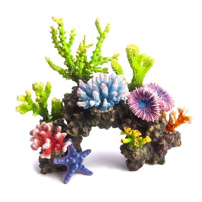 China Viable Colorful Resin Coral Decoration Artificial Aquarium Fish Tank Ornament With Rock Base for sale