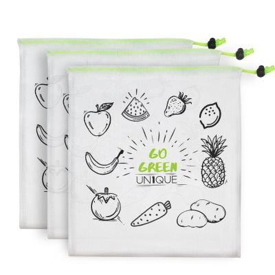 China Lightweight Reusable Eco RPET Fruit Vegetable Drawstring Mesh Net Bag With Printing for sale