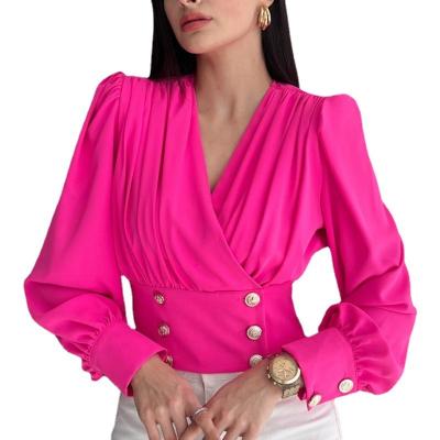 China Fashion Women's V-Neckline Shirts Blouse Long Sleeve Style Female Sexy Short Waist Anti-Pilling Bubble Sleeve Solid Color Closed Pleated Shirt for sale