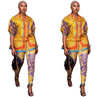 China Anti-pilling 2023 women's fashion long-sleeved shirt and casual pants printed two-piece set female wholesale for sale