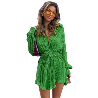 China 2023 New Fashion Anti-pilling Pleated Blouse Long Sleeve Style Belted Casual Shirt Dress for sale