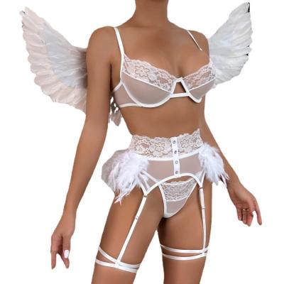 China European and American women's new products polyester sexy girls underwear feather lingerie four-piece set for sale