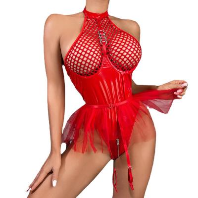 China Sexy Polyester PU Patent Leather Mesh Connect Patchwork Neck Underwear Mesh Gauze Pongee Skirt Garter Jumpsuit Hanging Sexy Lingerie for sale