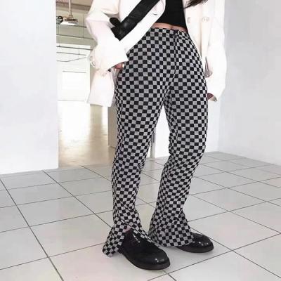 China Anti-wrinkle Ladies Casual Pants Springs / Summer High Waist Checked Wide Leg Loose Straight Pants for sale