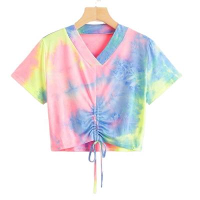 China Hot Selling Anti-wrinkle Women's V-Neck Gradient Tie-Dye Loose Short Top Ladies T-shirt Ladies Casual Printed Top for sale