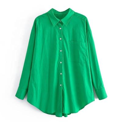 China Anti-pilling Summer And Autumn New Women Green Lapel Single Breasted Long Sleeve Canvas Shirt for sale