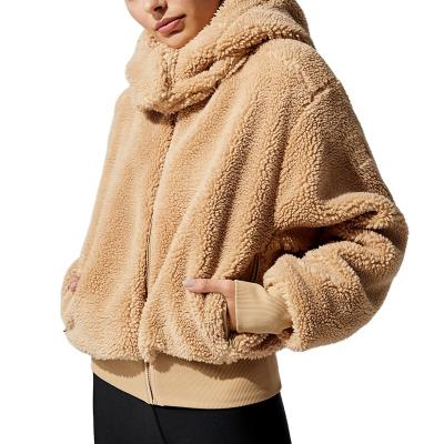 China Anti-Wrinkle Women Long Sleeve Hooded Zipper Ribbed Faux Cuffs Faux Sherpa Comfortable Hooded Teddy Jacket for sale