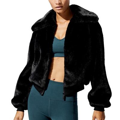 China High Quality Anti-wrinkle Women Faux Fur Spread Collar Relaxed Fit Zipper Front Cropped Bomber Jacket for sale