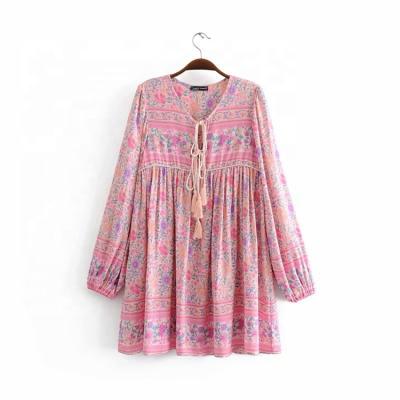 China New Arrival Anti-wrinkle V-Neck Tassel Print Casual Dress Long Sleeve Short Dress for sale