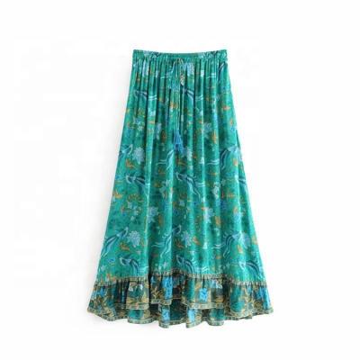 China Women's Summer Floral Print Bohemian Skirts With Tassels Waist Deco Breathable Elastic Ruffle Skirt for sale