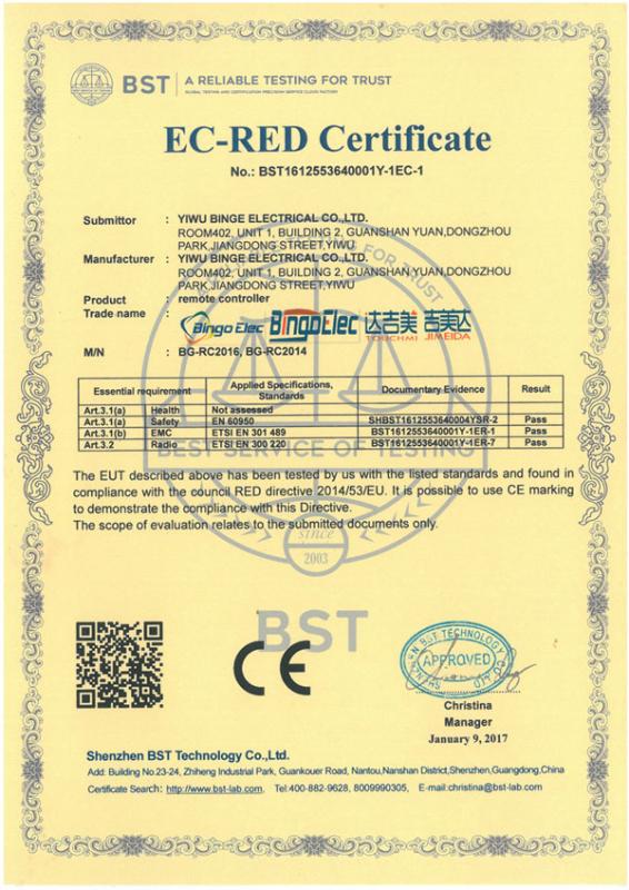 CE - Yiwu Binge Electrical Co.,Ltd.