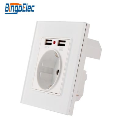 China Tempered Crystal Glass Bingoelec Power Outlet USB Charging EU Standard Tempered Glass Panel Germany Electrical Outlet With Dual 2.1 A USB Wall Outlet for sale