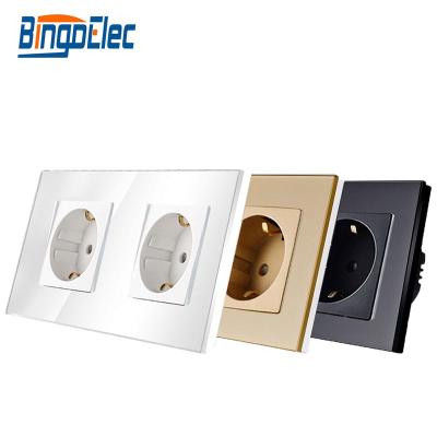 China Standard Type Bingoelec 16A Germany Wall Socket EU Power Outlet Germany Crystal Toughened Glass Panel Normal 220V Dual Plug 86*157mm for sale