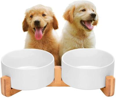 China 400ml 800ml Single Non-Slip Bamboo Holder and Double Ceramic Viable Cat Dog Feeder Pet Bowls, Small Medium and Large, 5 Colors for sale