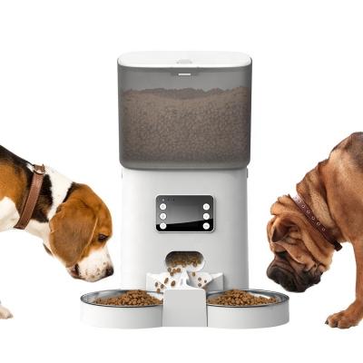 China Hot Selling New Double Bowl Automatic Pet Feeder Stainless 6L Button Presses Automatic Chip Pet Feeder Dog Pet Wheels Food Feeder for sale