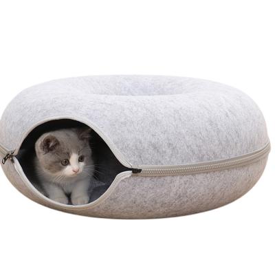 China Breathable Cute Colorful Round Pet Tunnel Bed House Donut Felt Nest Zipper Around Donut Pet Bed For Dog for sale