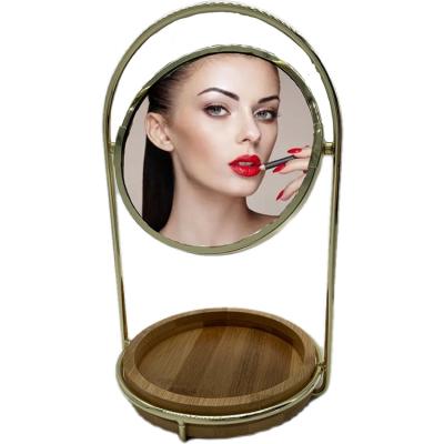 China Magnifying Wooden Tray With Metal Mirror Table Countertop Cosmetic Make Up Mirror Custom Makeup Table Wooden Mirror With Stand for sale