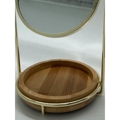 China Hot Selling 360 Degree Rotating Small Desktop Mirror High End Makeup Magnifying Desktop Round Mirror With Wooden Tray for sale