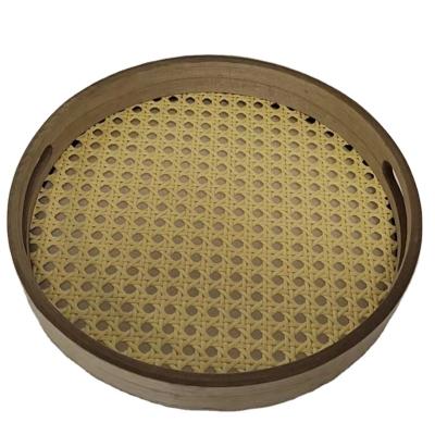 China Rattan wooden tray handmade hometray premium rattan wood with imitated rattan for sale