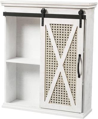 China Farmhouse Sliding Door Modern White Wood Wall Cabinet With Rattan Mesh Door Te koop