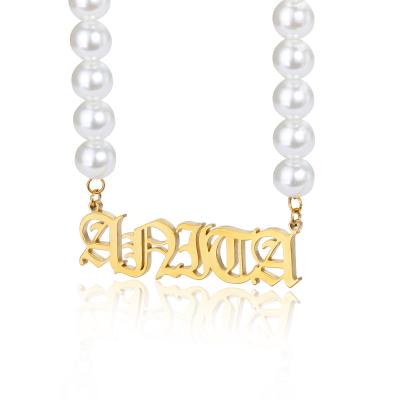 China Other Personalize Old English Name Necklace With Pearl Chain Custom 18K Gold Thin Pendant For Women Jewelry for sale