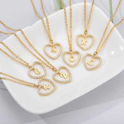 China New Trendy Women's Rhinestone Jewelry 18K Gold Heart Initial Letter Gold Plated Pendant Necklace for sale