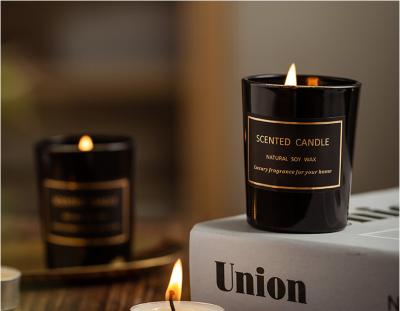 China Luxury Custom Soy Wax Candle Black Glass Jar Scented Logo Printing Personal Care Amazon Gold Aroma Candle Decoration Gift Set for sale