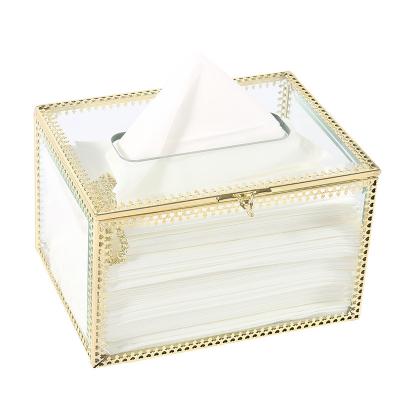 China Golden Handmade Light Luxury Modern Decorative Metal Container Home Tissue Glass Crystal Box Lid for sale